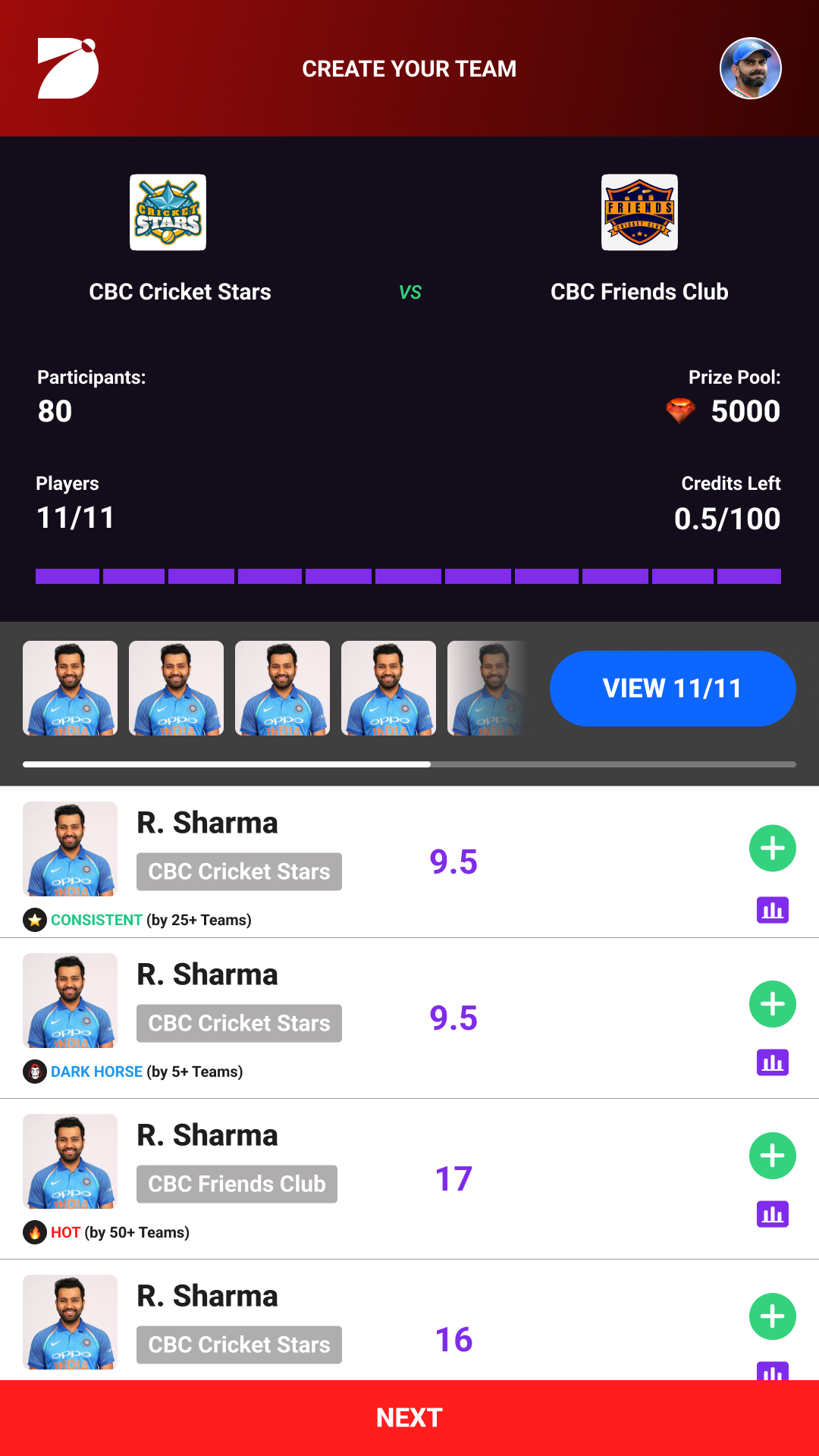 DreamCric Full Team View